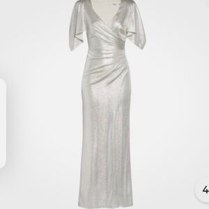 Eliza J Metallic Silver formal, prom party side rouche Maxi Dress Sz 8P